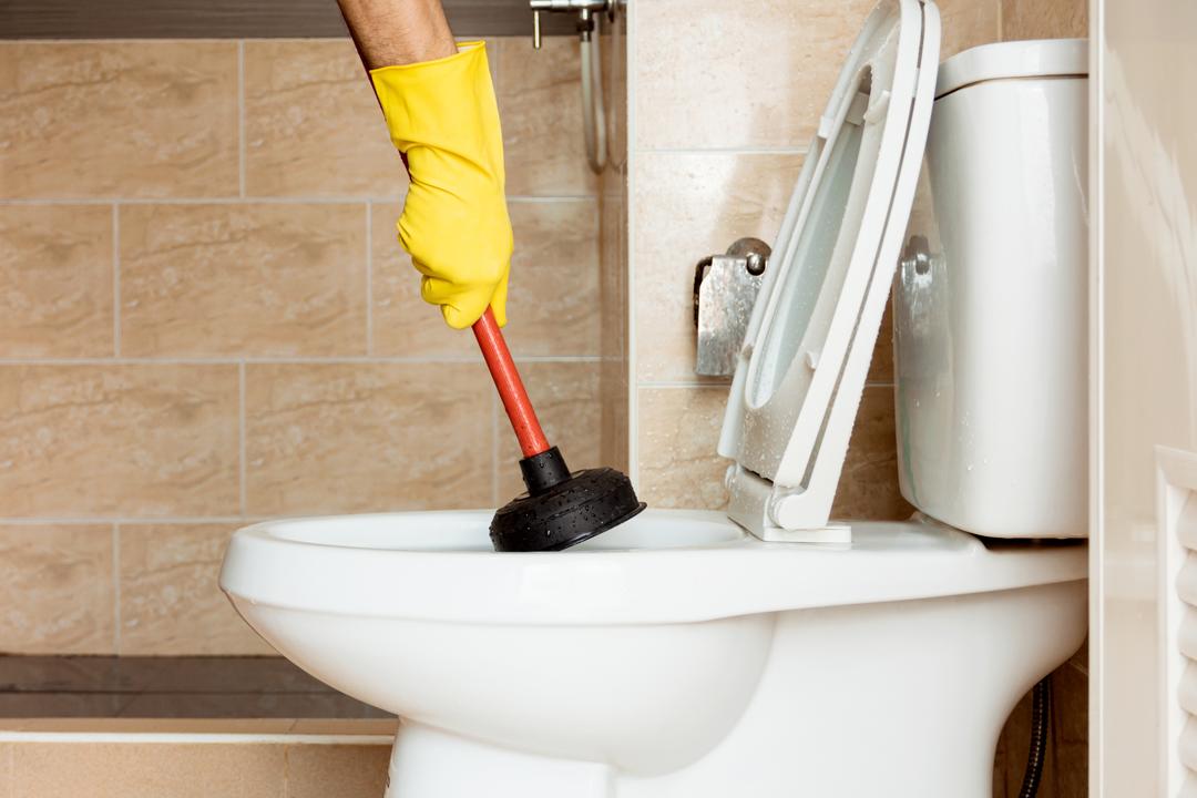 Person using a plunger to unclog a backed up toilet.