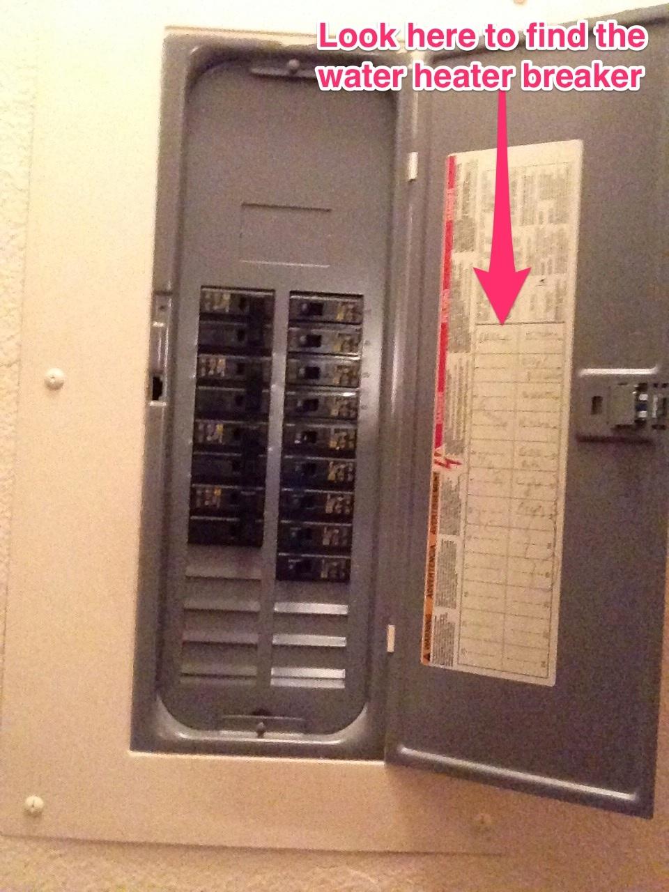 Example of a water heater breaker on an electrical panel